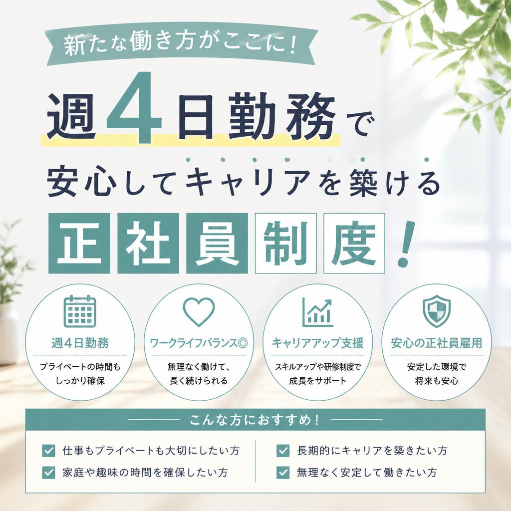 新たな働き方がここに！週4日勤務で安心してキャリアを築ける正社員制度！