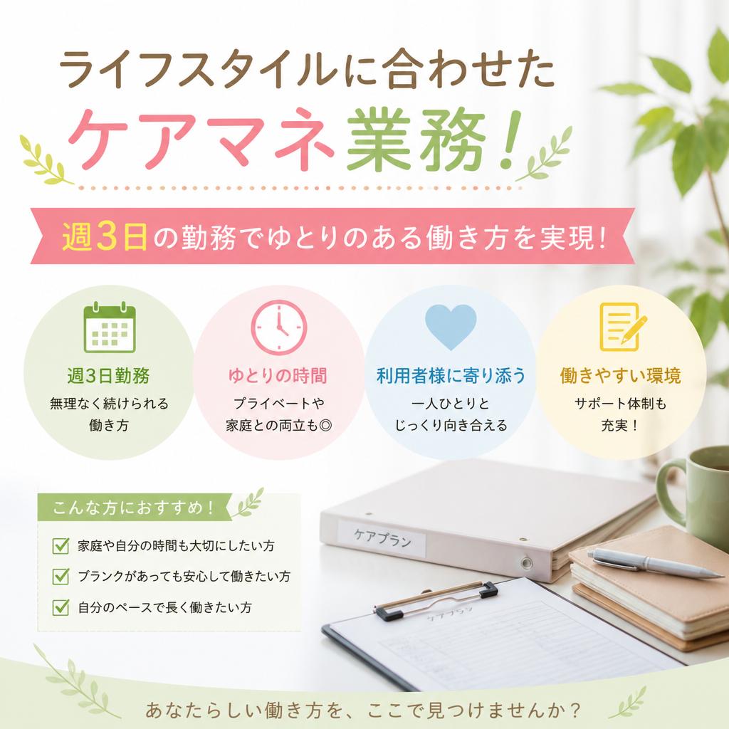 ライフスタイルに合わせたケアマネ業務！週3日の勤務でゆとりのある働き方を実現！